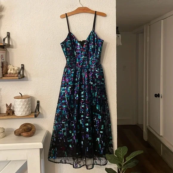 NWOT Dress the Population Womens Maren Fit Flare Midi Spaghetti Strap Dress Size - Picture 6 of 8